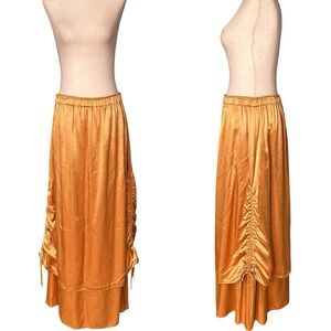 Vtg Y2K Shiny Liquid Gold Layered Maxi Skirt Women's XL Lined Ruched Sides Retro